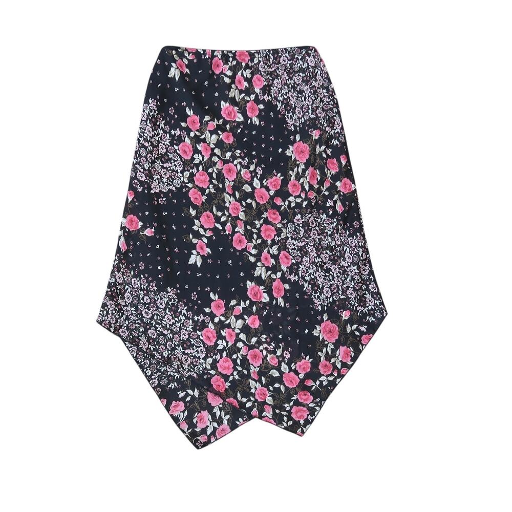 Vintage 90s Heart Soul Black and Pink Rose Floral Asymmetrical Midi Skirt S